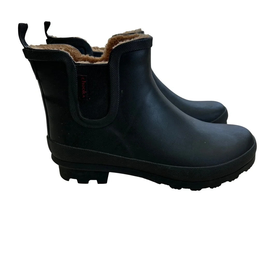 Chooka Plush Chelsea Black Rubber Rain Boots Faux Fur Lined Womens 9 Handcrafted